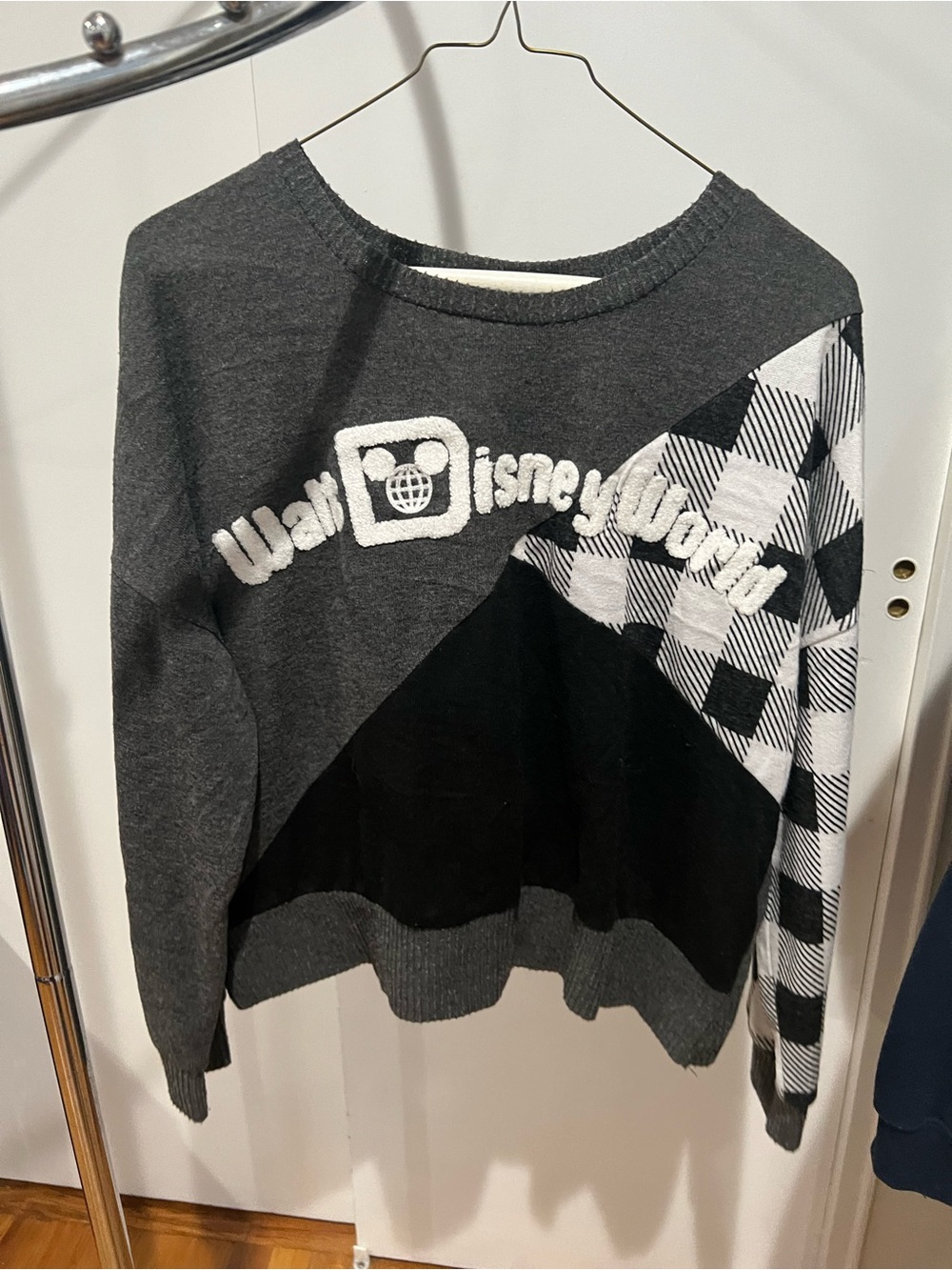 Disney Black, Gray & White Crewneck Sweater with Check Pattern